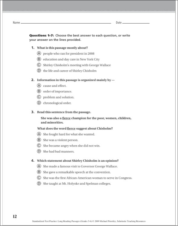 Standardized Test Practice Long Reading Passages Grades By