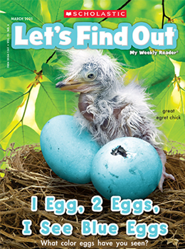 Let’s Find Out magazine cover showing a chick hatching from blue eggs