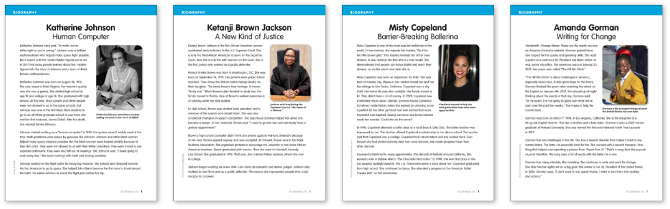 Inspiring Women worksheets featuring Katherine Johnson, Ketanji Brown Jackson, Misty Copeland, Amanda Gorman