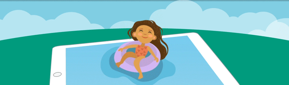 child floating in a pool, and the pool is an ipad