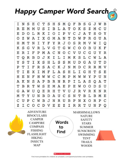 happy camper word search worksheets printables scholastic parents