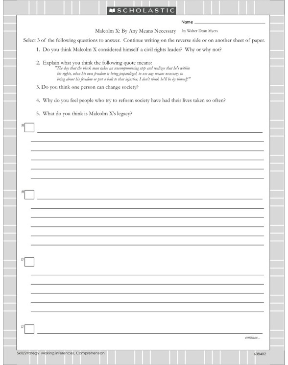 Malcolm X By Any Means Necessary Activity Sheet by Walter Dean Myers
