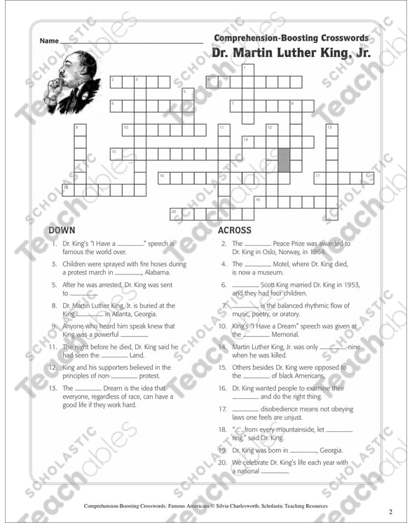 Dr Martin Luther King Jr : Nonfiction Passage Crossword Puzzle by