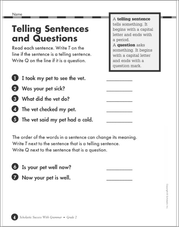 Write the questions for this sentence. Told tell sentence. Questions for Letters. 3rd Grade Grammar book. School questions QUIX.