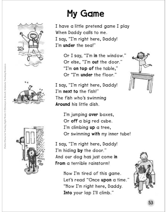 poem of speech parts a Game Poem Sight by My Words (Prepositions):