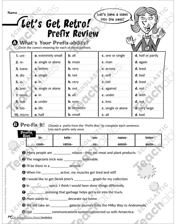 Let's Get Retro! Prefix Review Vocabulary Practice Page by