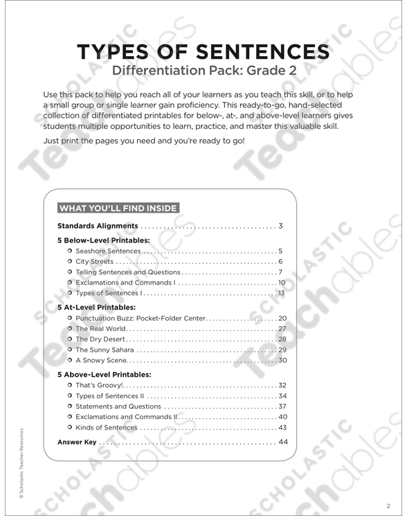 Types of Sentences Grade 2 Differentiation Pack by