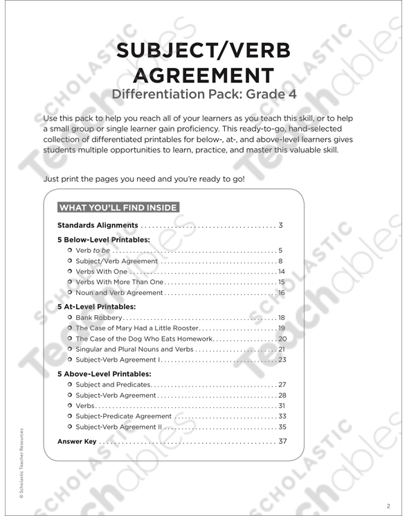 subjectverb agreement grade 4 differentiation pack by