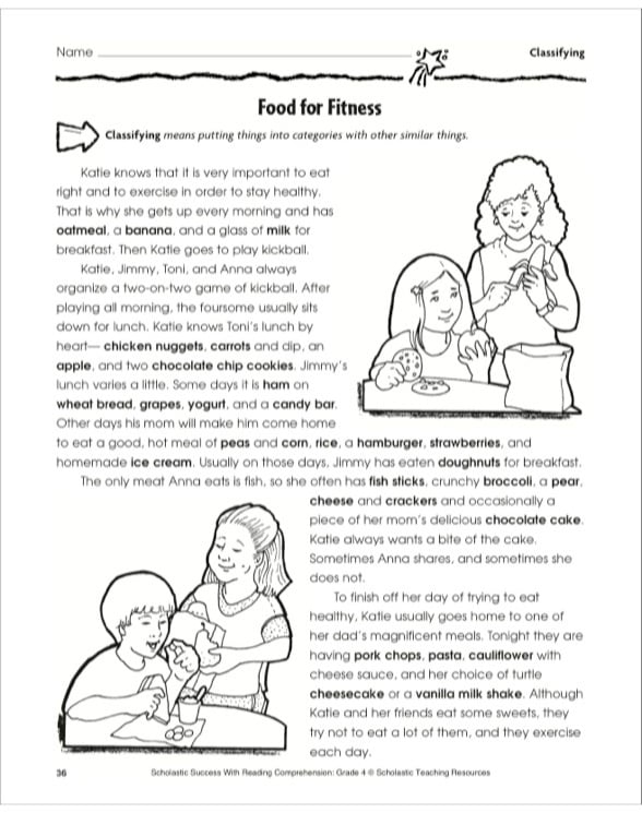 Food for Fitness (Classifying): Grade 4 Reading Comprehension by