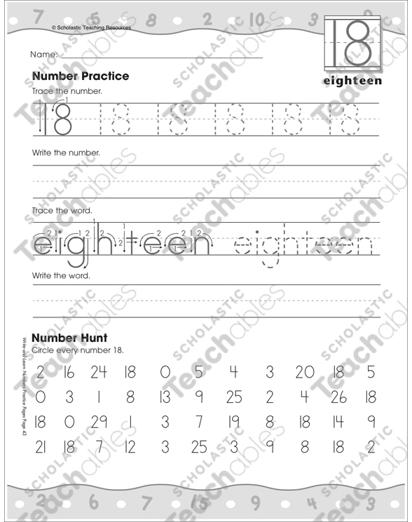 Eighteen: Writing and Recognizing Numbers: Number Practice Page by