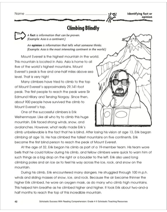 climbing blindly identifying fact or opinion grade 4