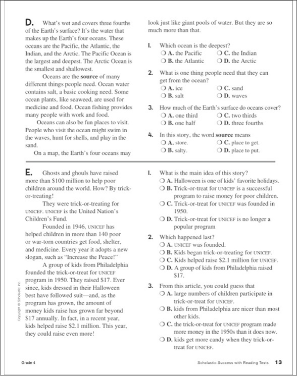 Scholastic Success With Reading Tests: Grade 4 Workbook by