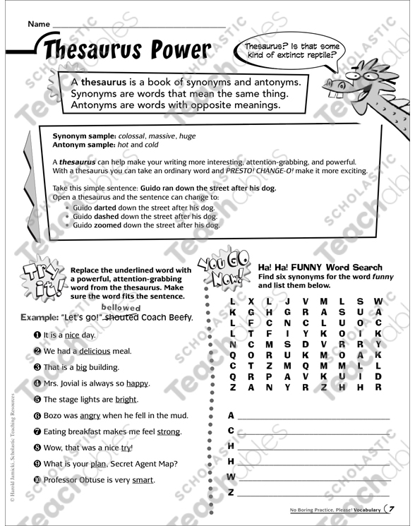 Thesaurus Power Vocabulary Practice Page by