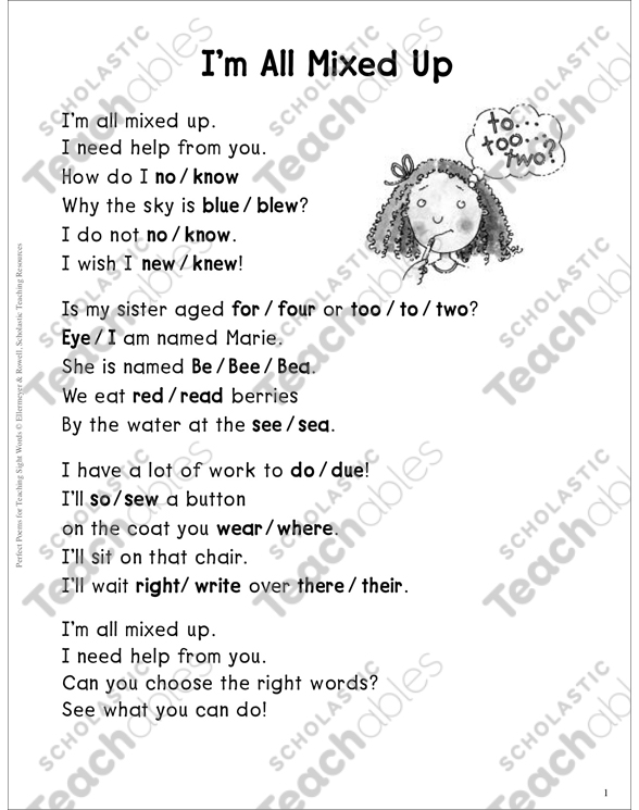 I'm All Mixed Up (Homophones): Sight Words Poem by
