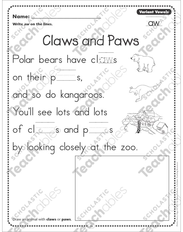 Claws and Paws (Variant Vowels - aw): Phonics Poetry Page by