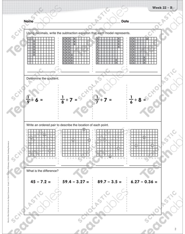 Math Review: Subtract Decimals, Unit Fractions, Ordered Pairs by