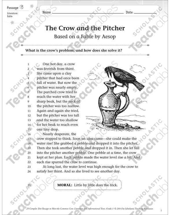 The Crow and the Pitcher Aesop 's Fable Grade 3 Complex Text Passage