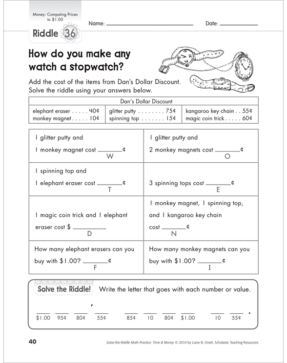 Solve-the-Riddle Math Practice: Time & Money by Liane B. Onish
