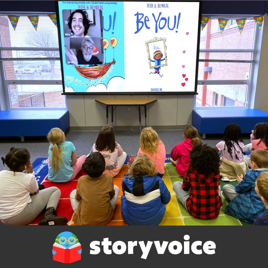 A group of students are seated in a library at a Storyvoice event