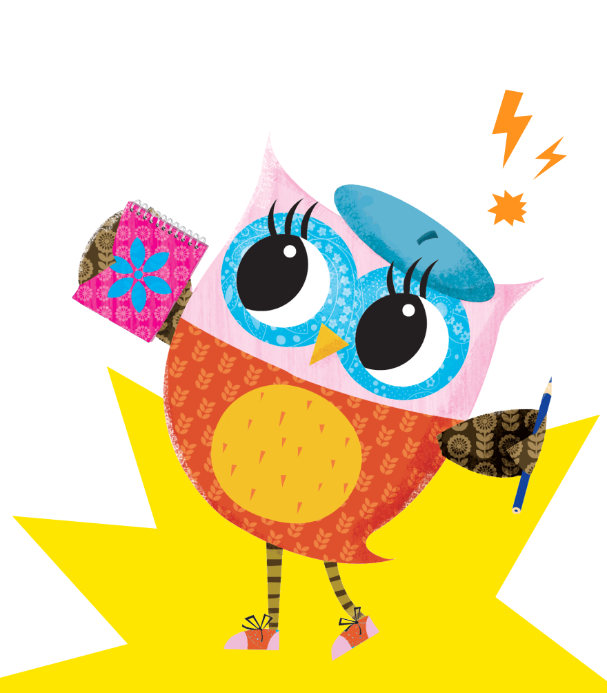 Animated Eva the owl holding a paint brush 