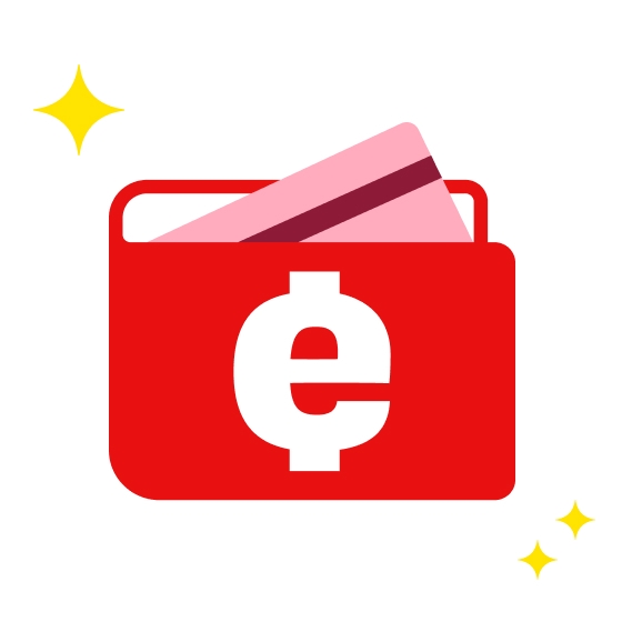 eWallet logo: a white lowercase e on a red wallet with a credit card spilling out behind