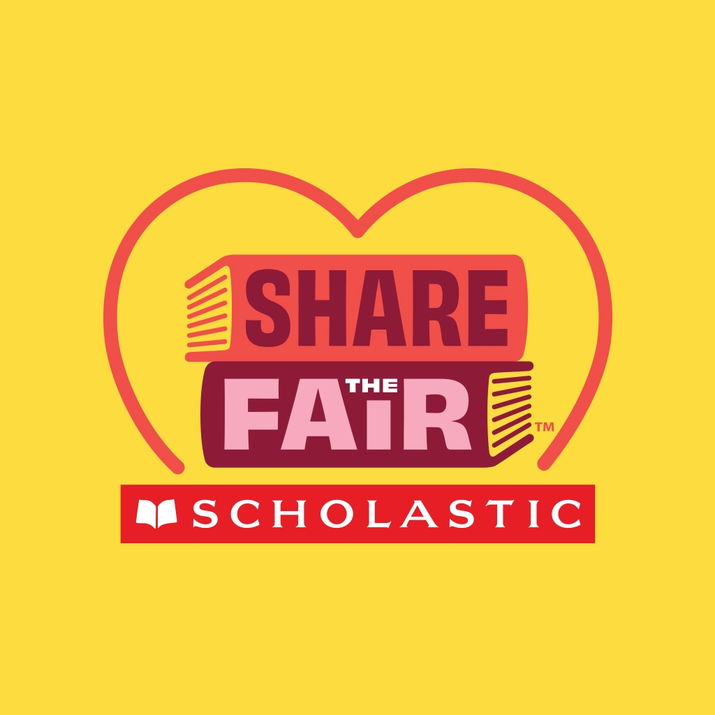 Share the Fair logo: three stacked books with Share the Fair on each spine from top to bottom, over the Scholastic logo and surrounded by a heart outline
