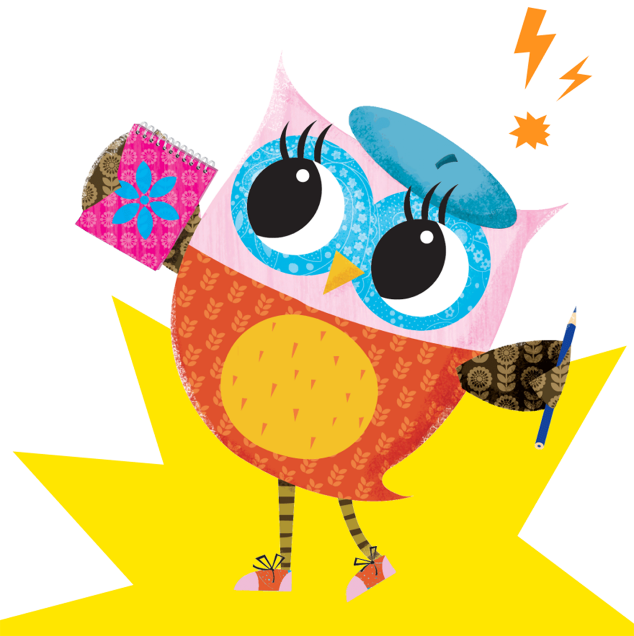 Illustrated character Eva the Owl with a pencil and notebook