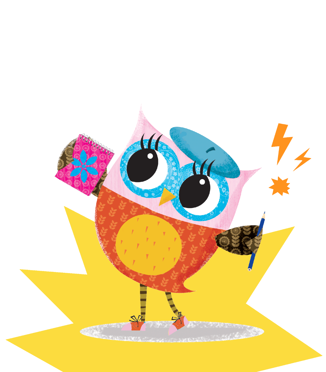 Animated Eva the owl holding a paint brush 