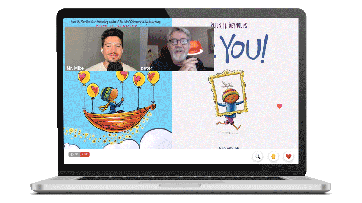 A computer screen gif shows off an author chatting about their book on a Storytime 