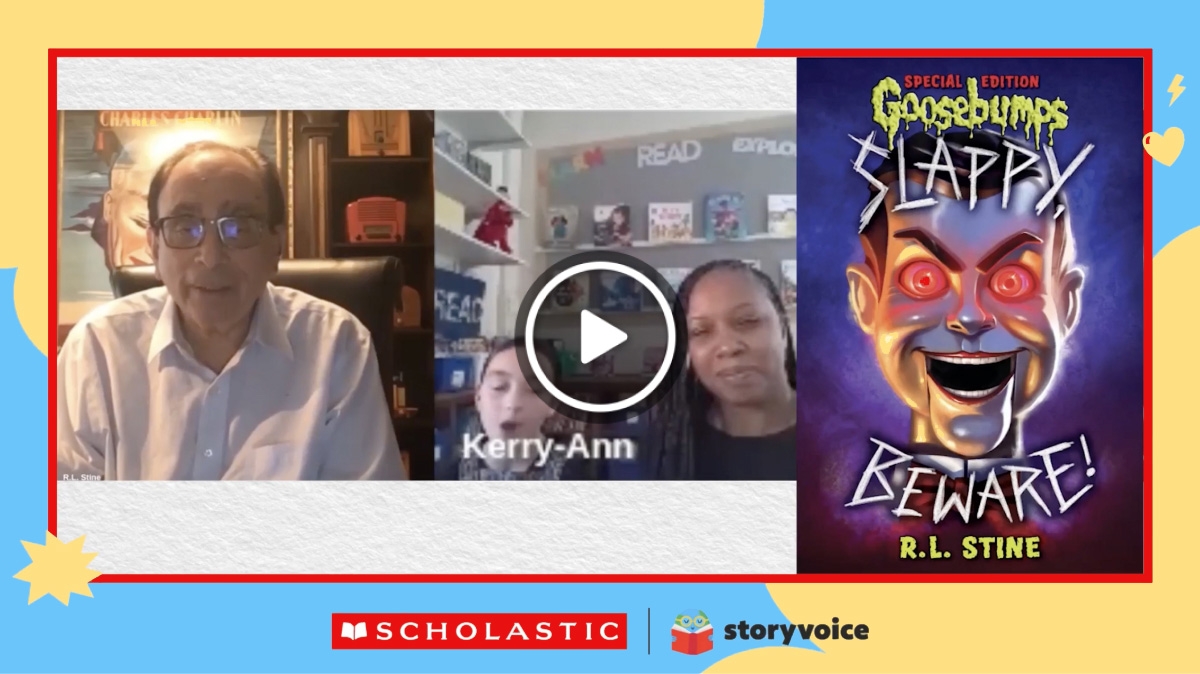 RL Stine in split screen discussing his book Gooosebumps Slappy Beware! during a Storyvoice event.