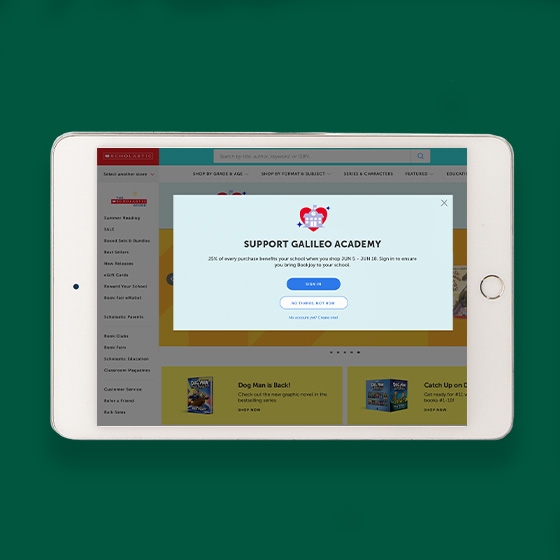 Tablet screen displays pop up for the online Fair reading "support Galileo academy" 
