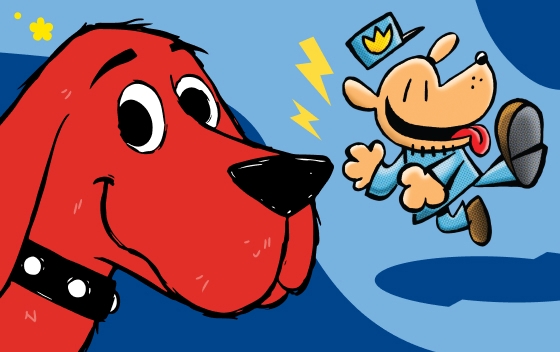 Clifford the Big Red Dog and Dogman against a colorful background