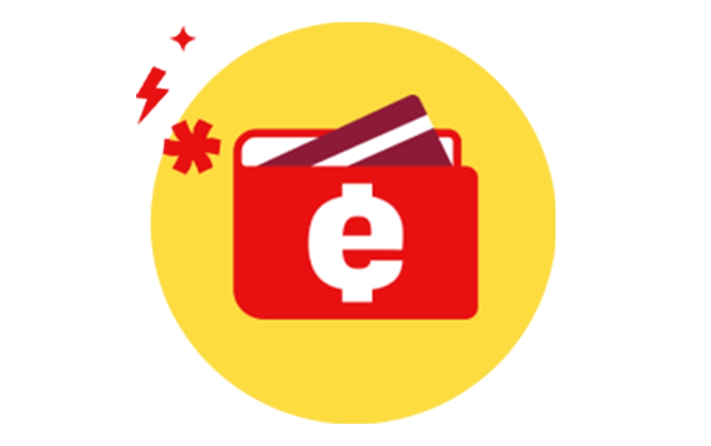 eWallet logo: a white lowercase e on a red wallet with a credit card spilling out behind