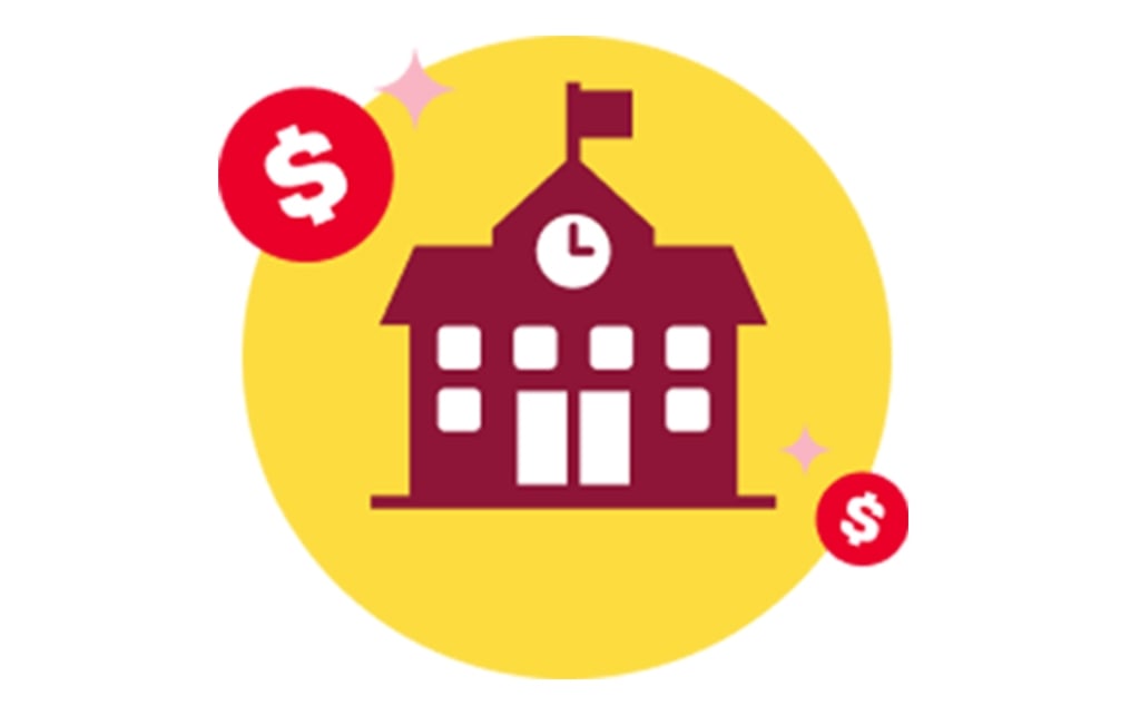 School building icon surrounded by dollar signs icon 