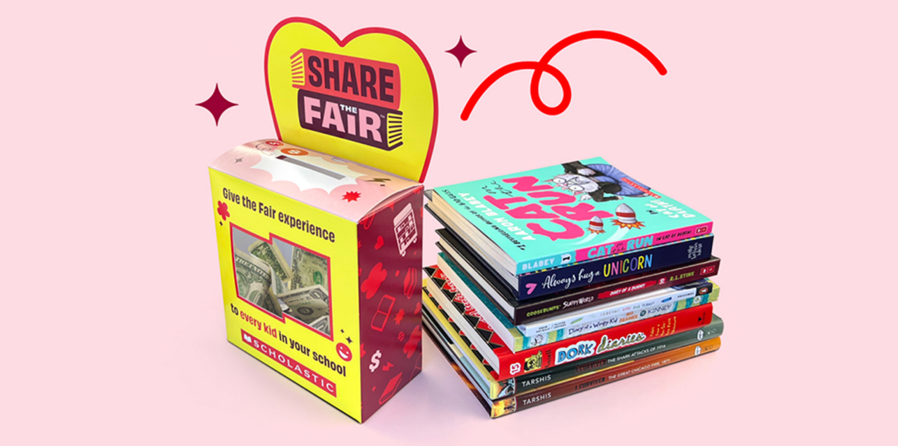 Share the Fair coin box with logo filled with dollar bills and coins, surrounded by a stack of books