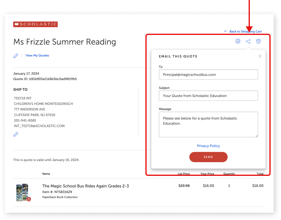 Share Quote Feature and Modal in the Top Right of Quote Page