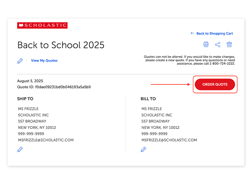 The Order Quote button is available on the quote page.