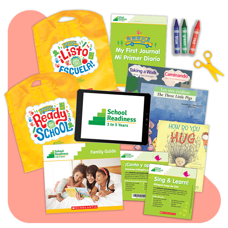 School Readiness Kits family engagement collections in English and Spanish come with 3 books, 80+ activities, a journal, & more all in a yellow tote.