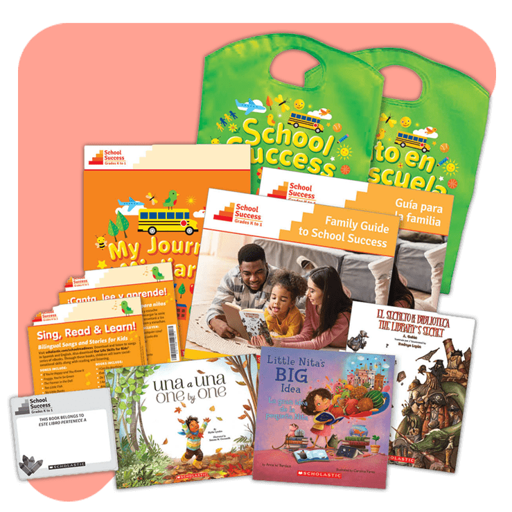 School Success Kits family engagement collections come with bilingual books, 70+ activities, a journal, & more in a green tote.