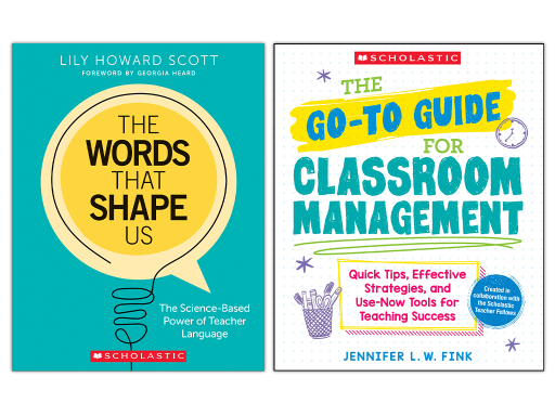 Featured professional books: "The Words that Shape Us" and "The Go-To Guide for Classroom Management."