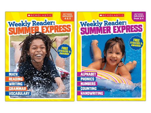 Workbooks like Scholastic Weekly Reader: Summer Express with activities emphasizing math, reading, phonics, & more.