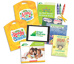 School Readiness Kit guide, bags, and books.