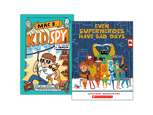 Book covers of "Mac B. Kid Spy" and "Even Superheroes Have Bad Days."