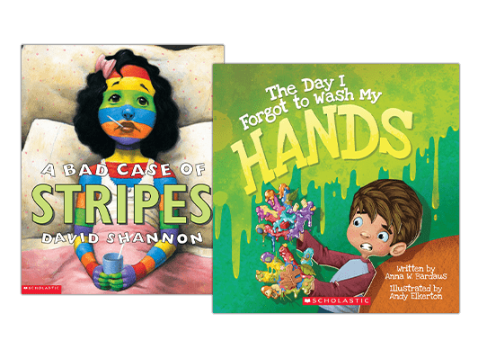 Book covers of "A Bad Case of Stripes" and "The Day I Forgot to Wash My Hands."