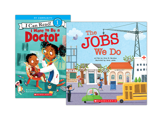 Book covers of "I Want to Be a Doctor" and "The Jobs We Do."