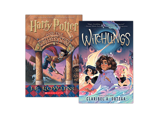 Book covers of "Harry Potter" and "Witchlings."