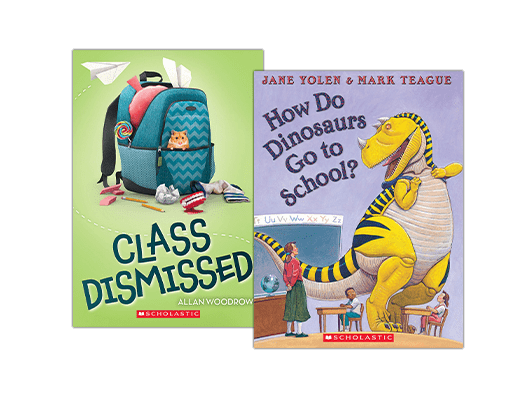 Book covers of "Class Dismissed" and "How Do Dinosaurs Go to School?"