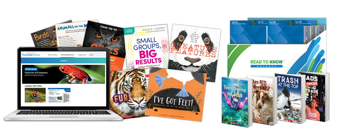 New Scholastic products include knowledge library, classroom libraries, and more.